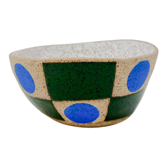 Organic Bowl -Checkered Circles - Gloss Green, Matte Blue & White