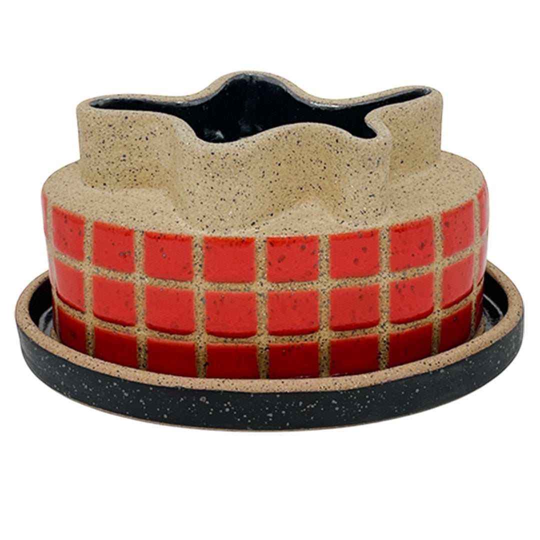 Butter Dish - Oval Tiles - Gloss Red, Matte Black & Pewter