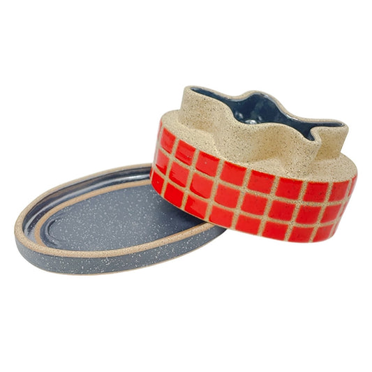 Butter Dish - Oval Tiles - Gloss Red, Matte Black & Pewter
