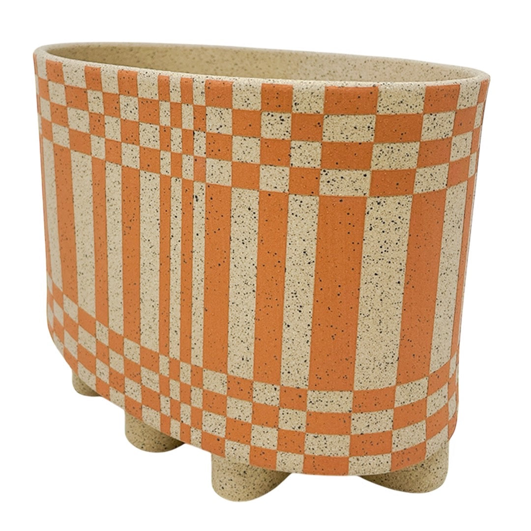 Large Oval Vessel - Skewed Checkers - Matte Terracotta
