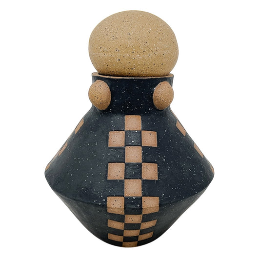 Vessel with Lid - Checkers & Studs - Matte Black