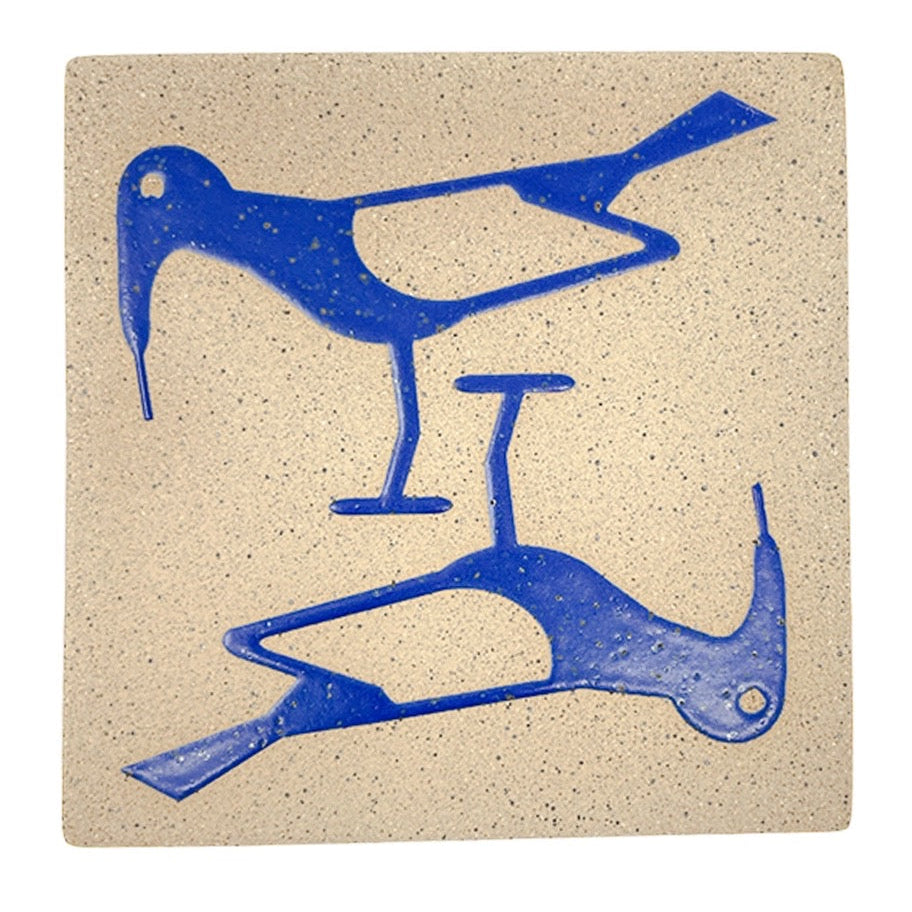 A 4-inch square matte blue tile with a hand-built stoneware design featuring two birds.