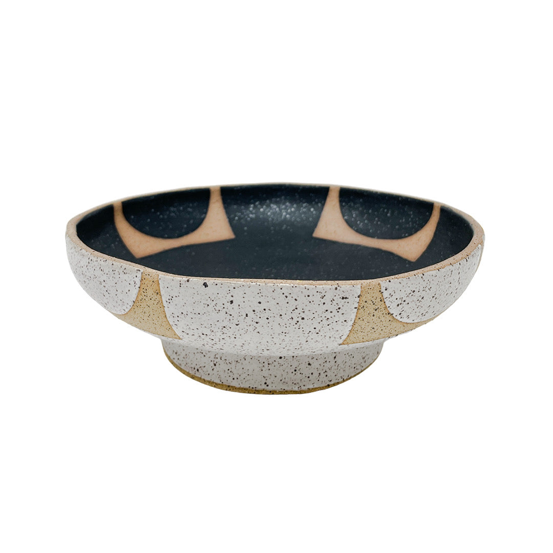 Plate Bowl with Foot - Circle Squares - Matte Black & White