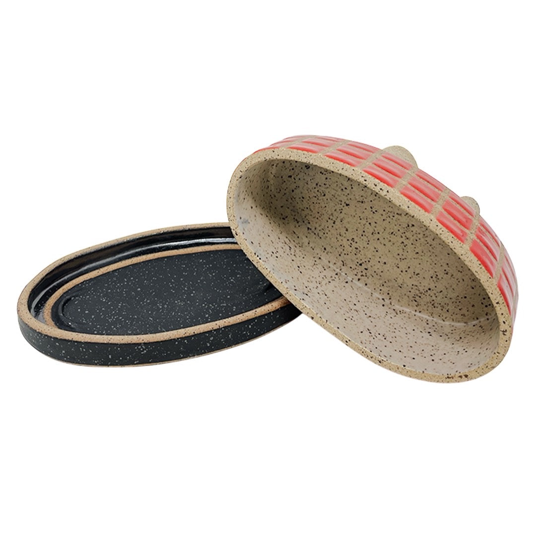 Butter Dish - Oval Tiles - Gloss Red, Matte Black & Pewter