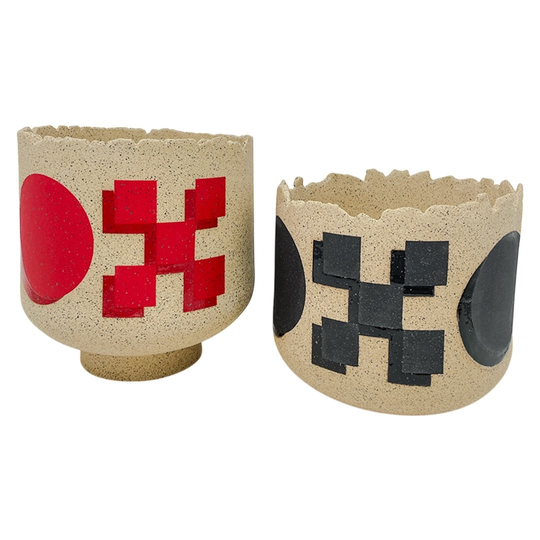 Large Footed Vessel - Circle Checkers - Red