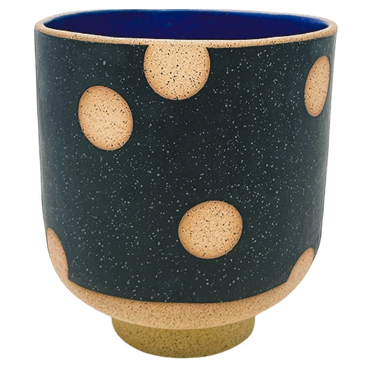 Large Footed Vessel - Polkadots - Matte Black & Blue