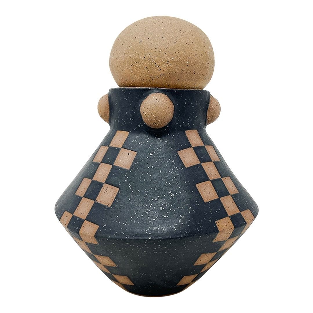 Vessel with Lid - Checkers & Studs - Matte Black