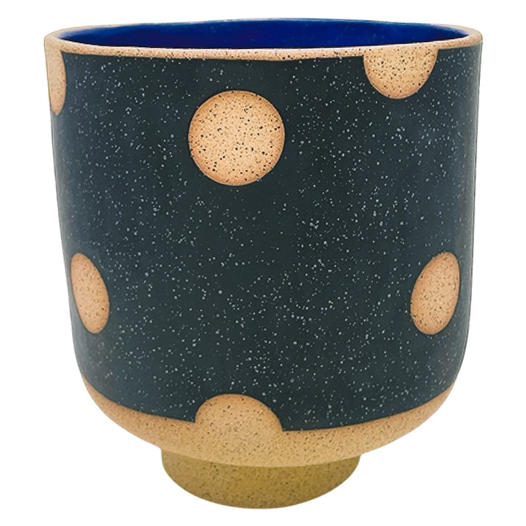 Large Footed Vessel - Polkadots - Matte Black & Blue
