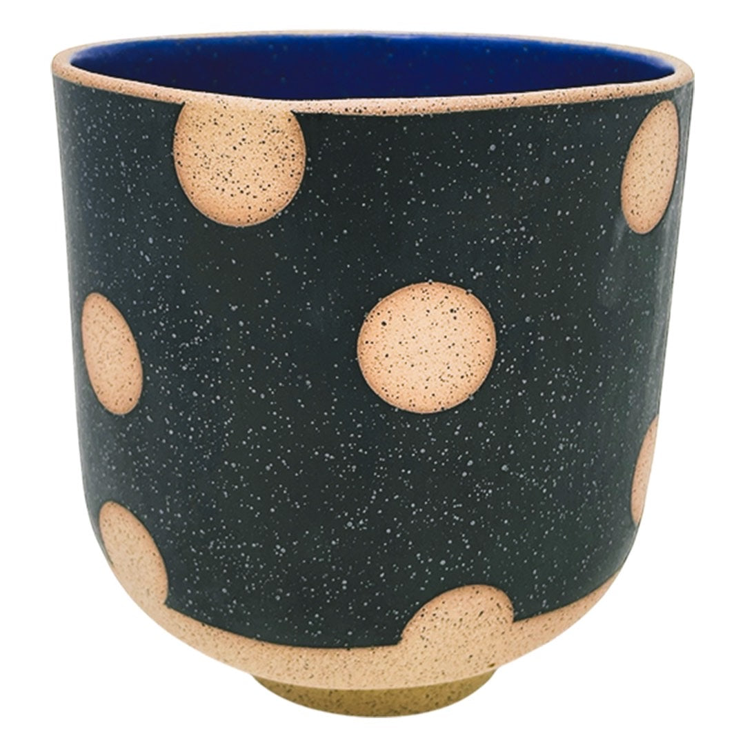 Large Footed Vessel - Polkadots - Matte Black & Blue
