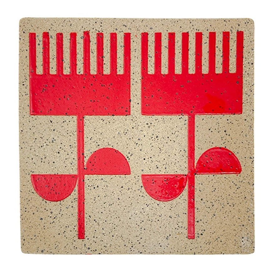 A square ceramic tile with a matte red finish, featuring a stylized floral pattern consisting of two prominent red lines on a beige background with speckled textures.