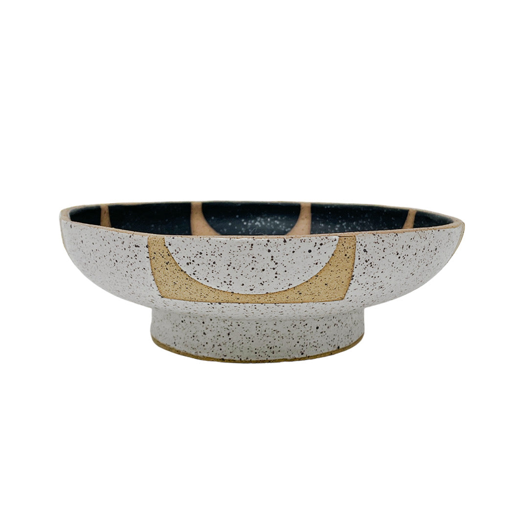 Plate Bowl with Foot - Circle Squares - Matte Black & White