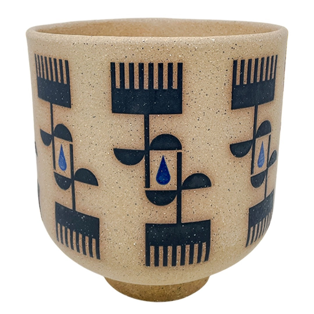 Large Footed Vessel - Flowers - Matte Black & Blue
