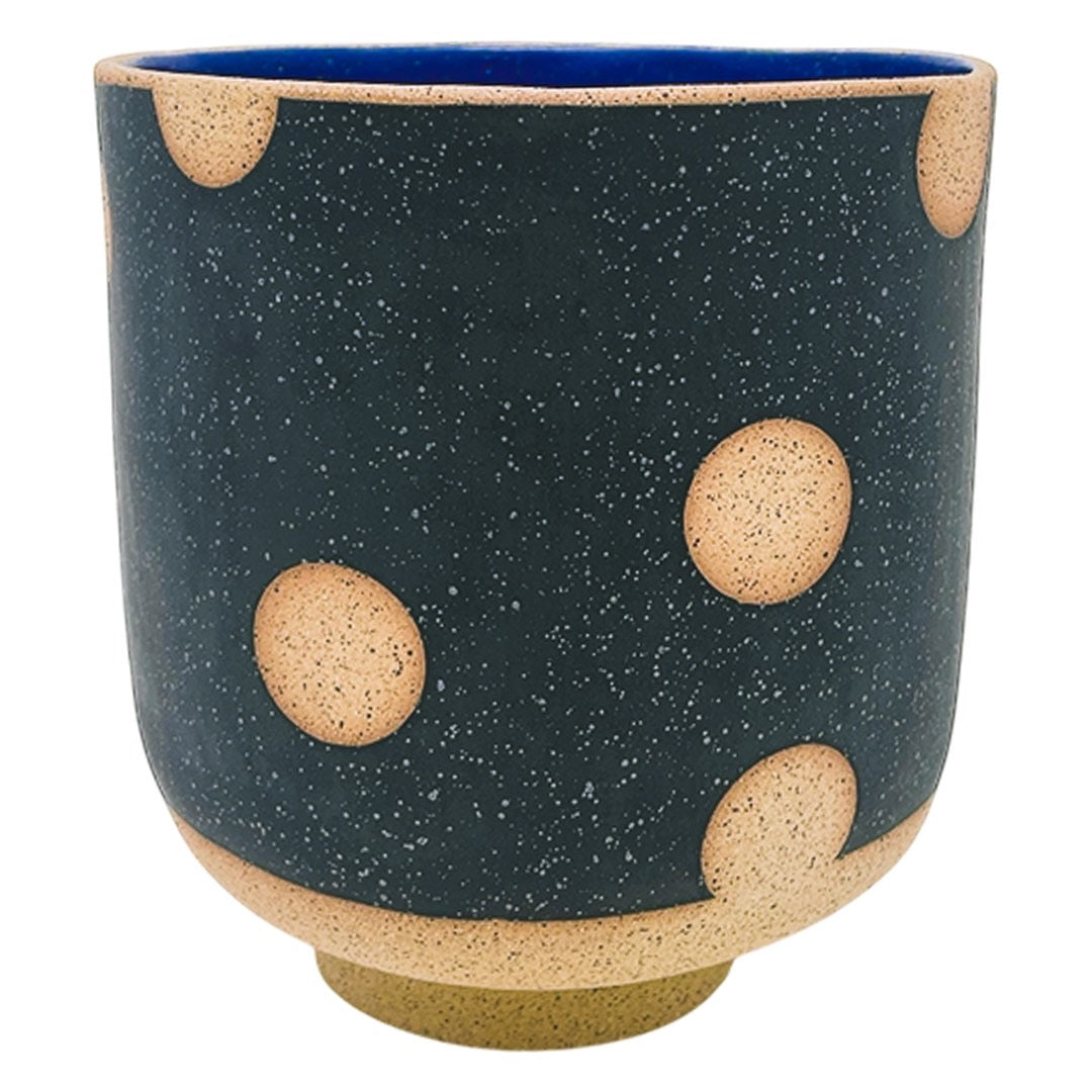 Large Footed Vessel - Polkadots - Matte Black & Blue