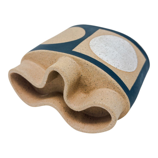 Small Oval Vessel - Circles & Squares - Matte Dark Brown & White