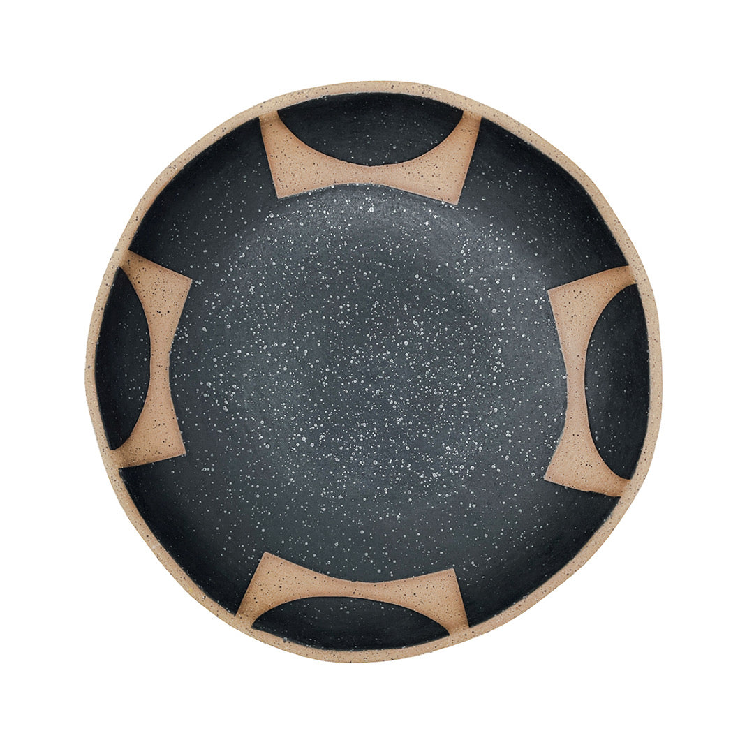 Plate Bowl with Foot - Circle Squares - Matte Black & White