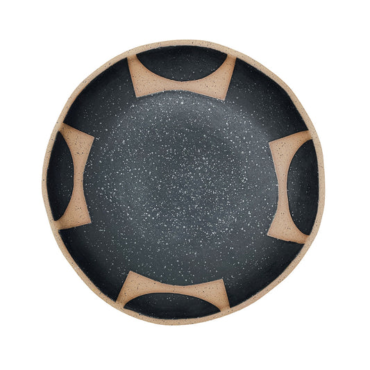 Plate Bowl with Foot - Circle Squares - Matte Black & White
