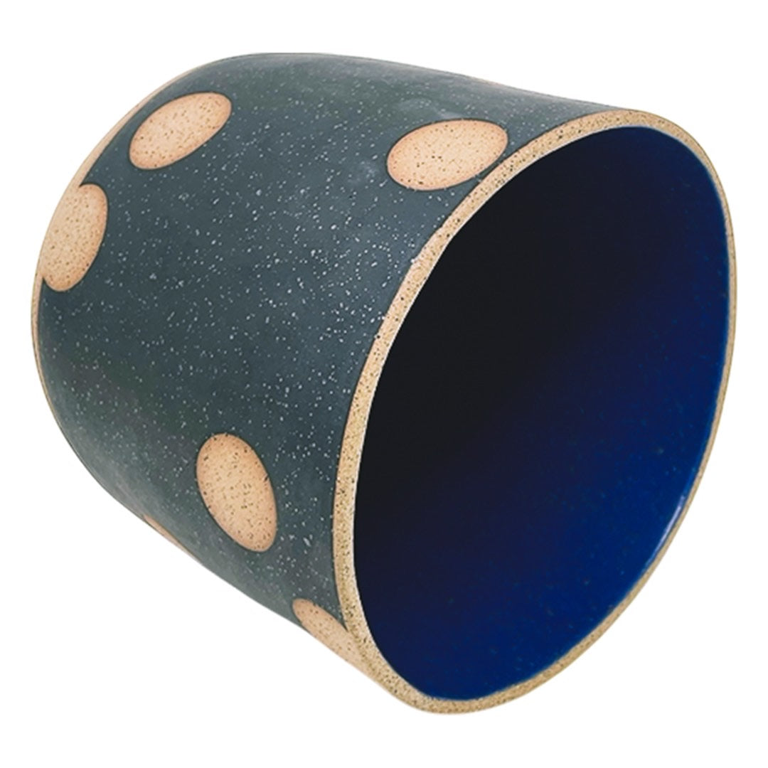 Large Footed Vessel - Polkadots - Matte Black & Blue