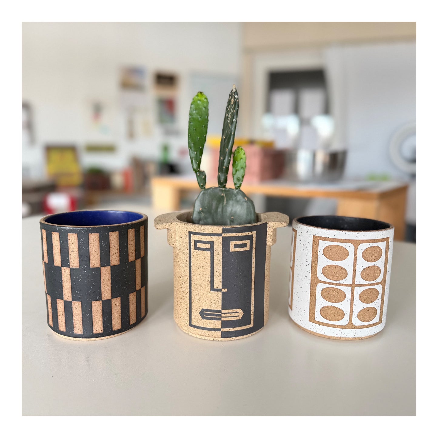 Small Vessel with Handles - Half & Half Face - Matte Brown