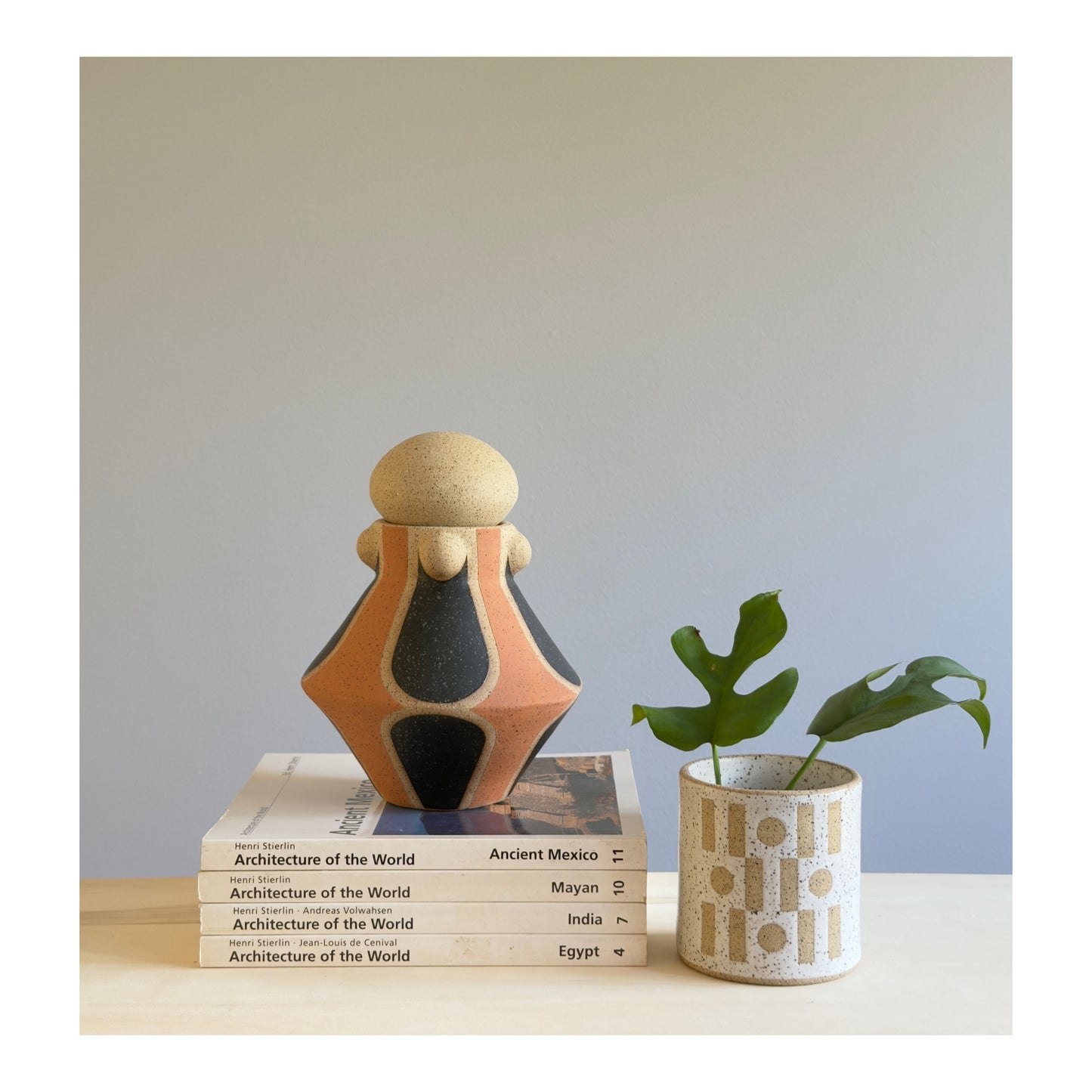 Vessel with Lid - Arches & Studs - Matte Black and Teracotta