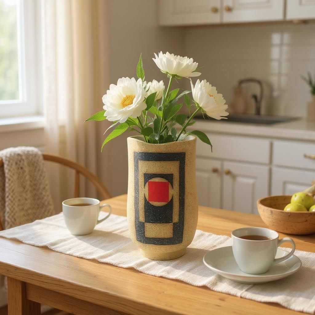 Large Organic Vessel - Rectangles - Matte Black, Red & White