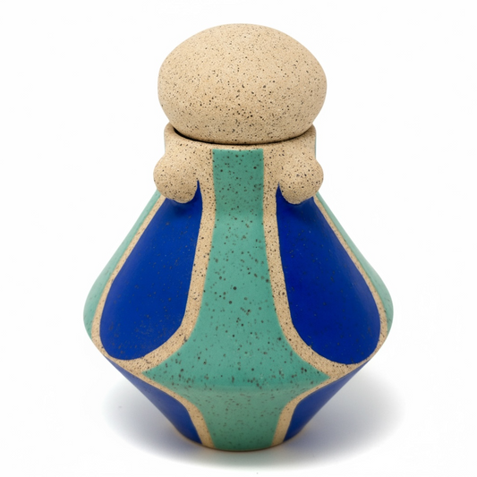 Vessel with Lid - Arches & Studs - Matte Blue & Teal