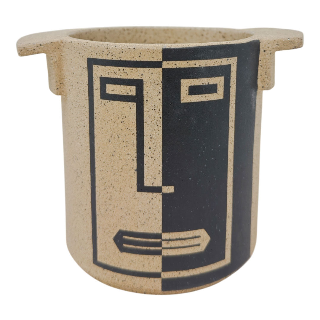 Small Vessel with Handles - Half & Half Face - Matte Brown