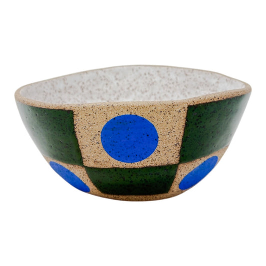 Organic Bowl -Checkered Circles - Gloss Green, Matte Blue & White