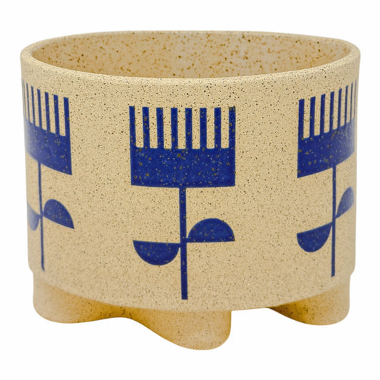 Small Oval Vessel - Flowers - Matte Blue