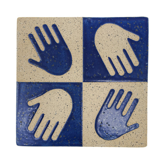 4" Tile - Checkered Hands - Matte Blue