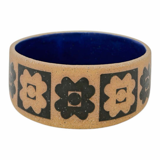 Small Plate Bowl - Flowers - Matte Black & Blue