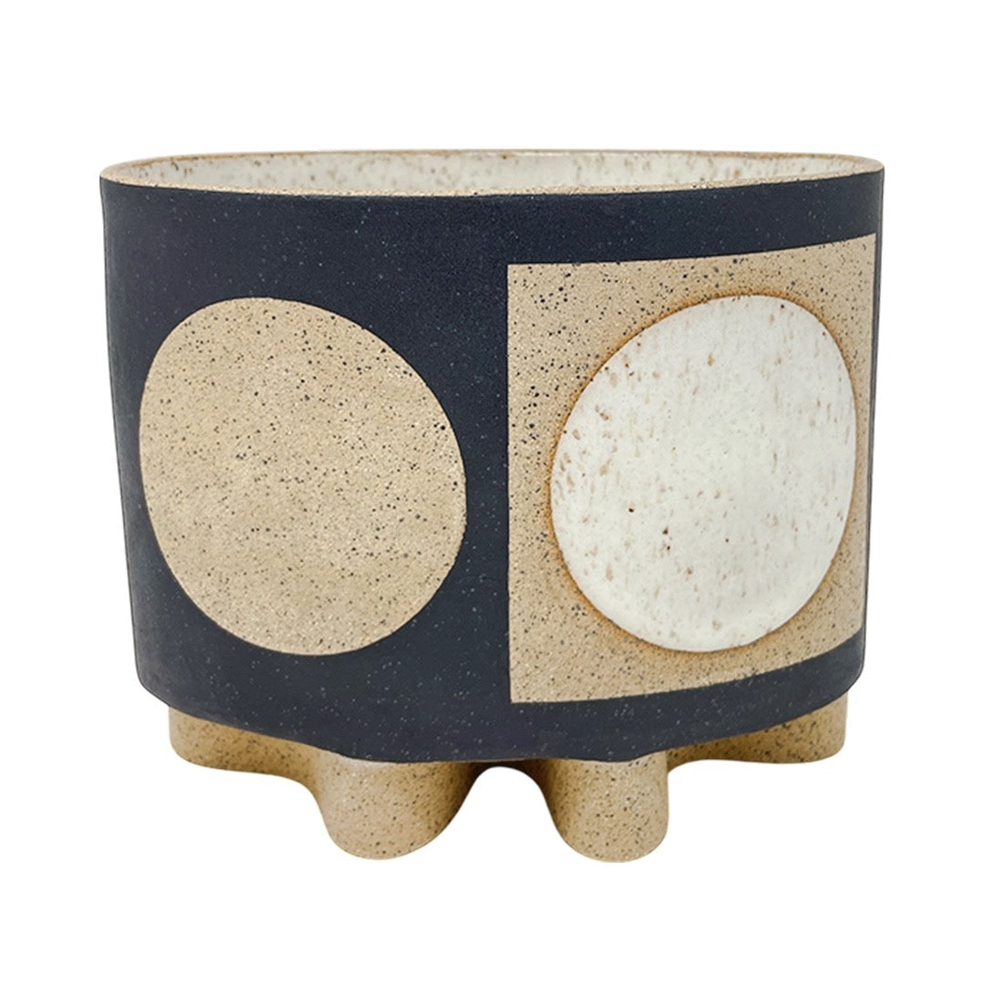 Small Oval Vessel - Circles & Squares - Matte Dark Brown & White