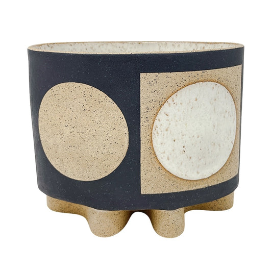 Small Oval Vessel - Circles & Squares - Matte Dark Brown & White