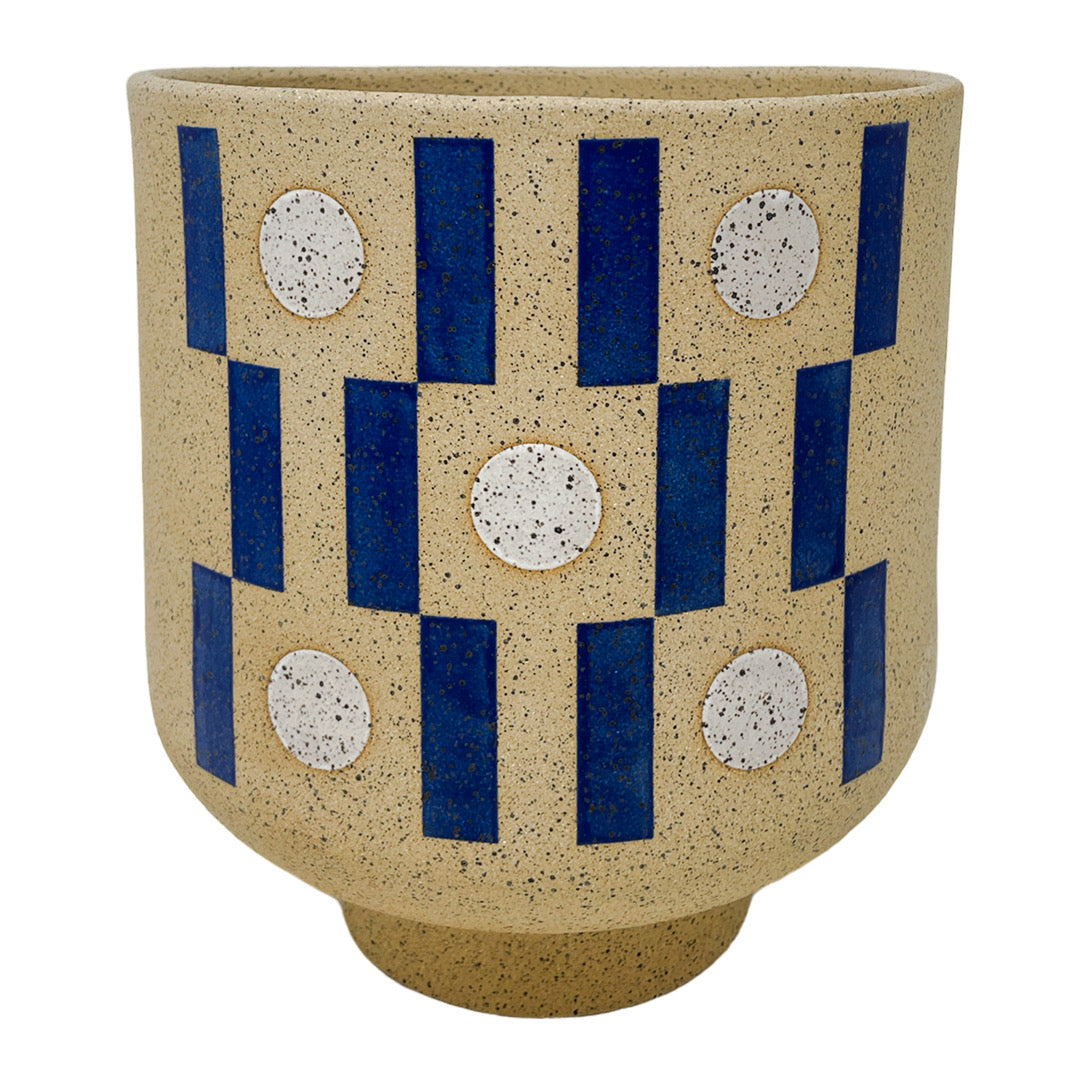 Large Footed Vessel - Tic Tac Toe - Matte Blue & White