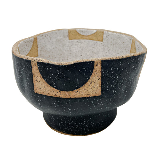 Organic Bowl with Foot - Circle Squares - Matte Black & White