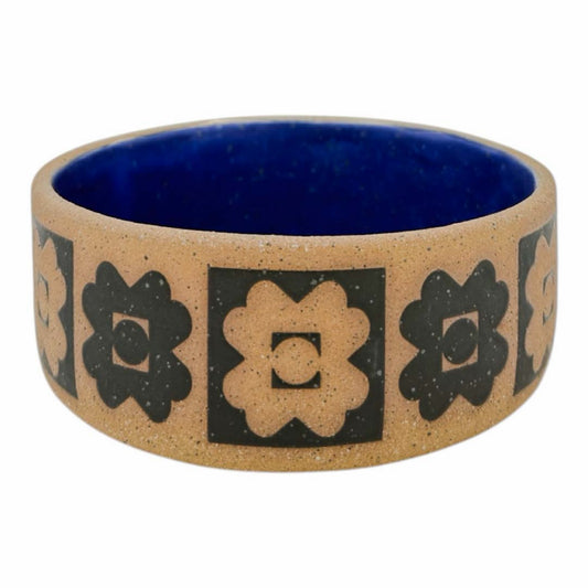 Small Plate Bowl - Flowers - Matte Black & Blue