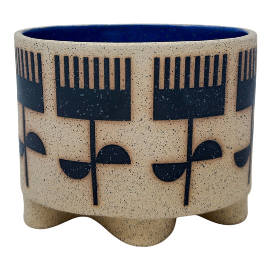 Small Oval Vessel - Flowers - Matte Black & Blue