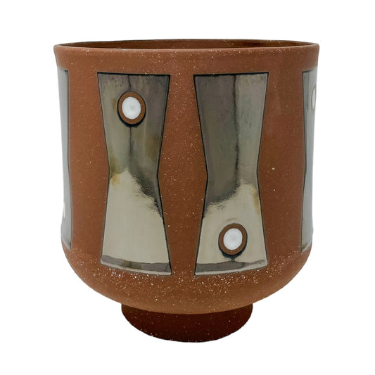 Large Footed Vessel - Red Clay - Buttons - Mirror & White