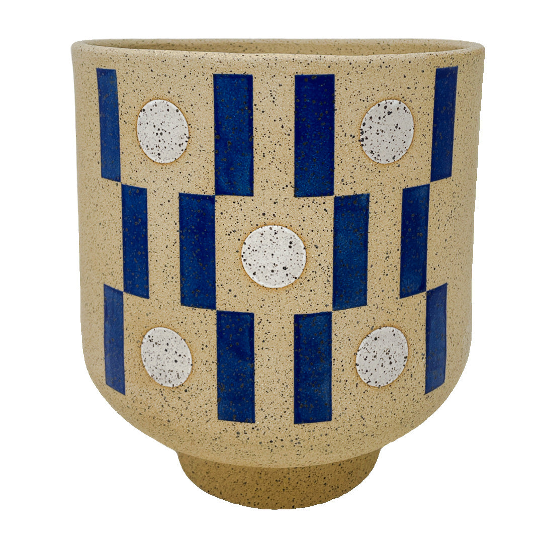 Large Footed Vessel - Tic Tac Toe - Matte Blue & White