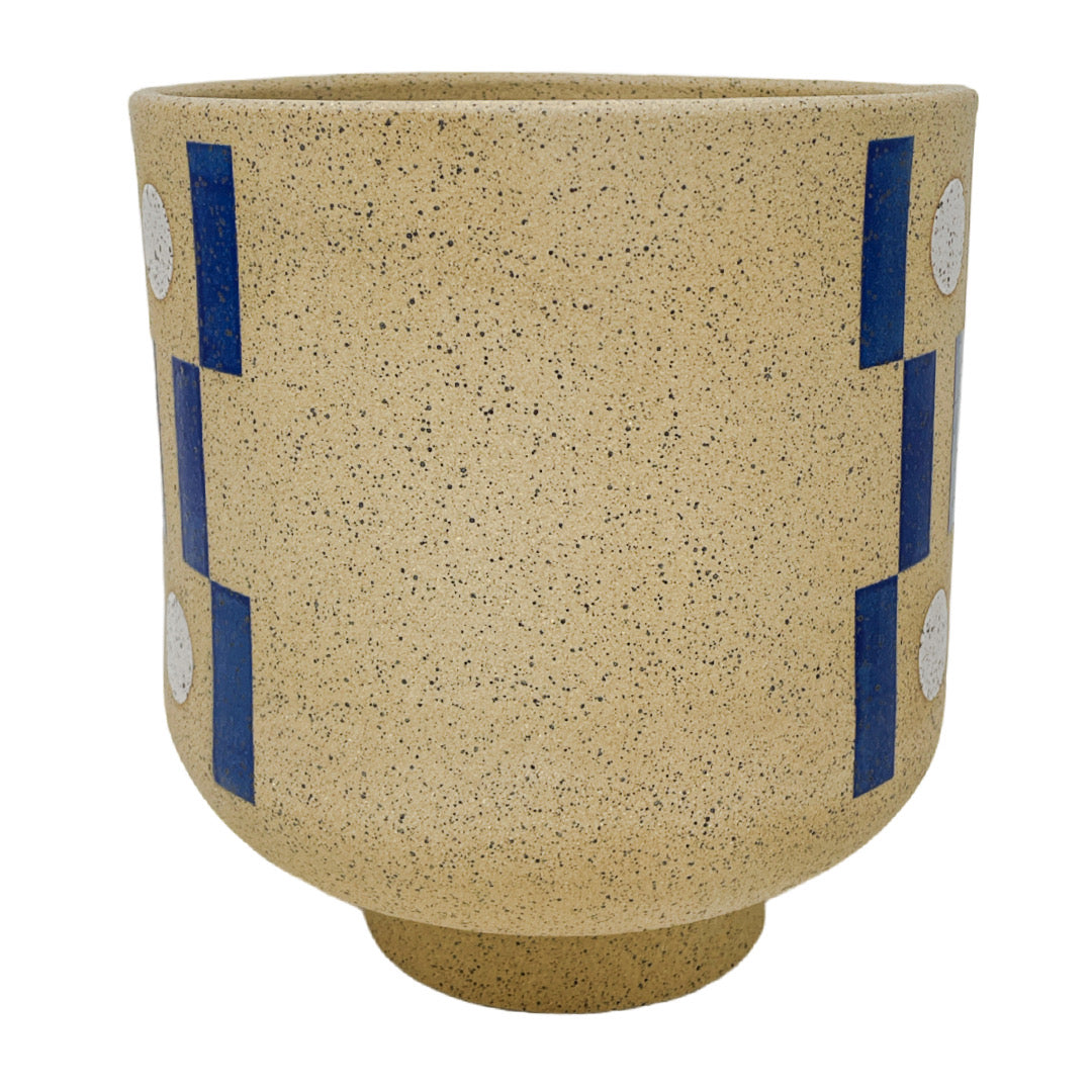 Large Footed Vessel - Tic Tac Toe - Matte Blue & White