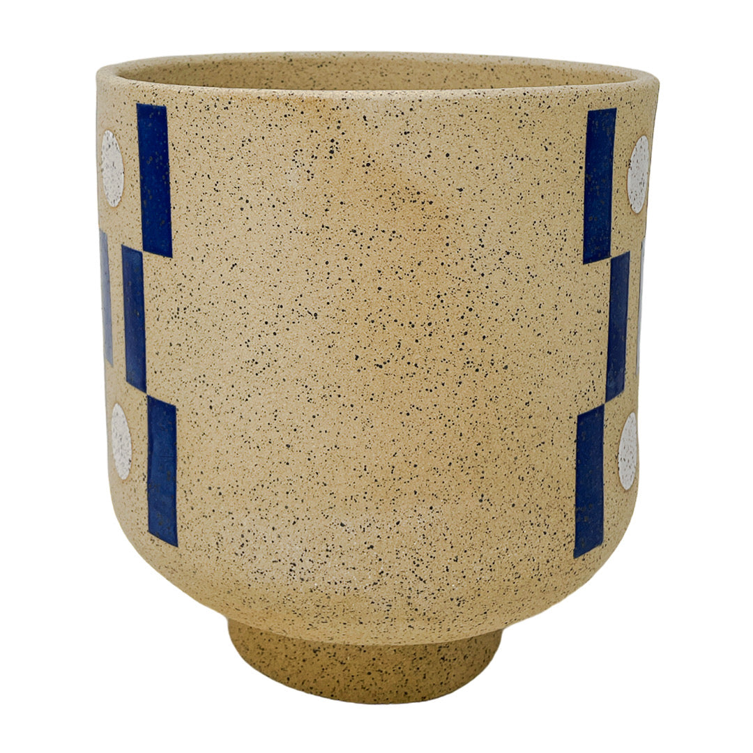 Large Footed Vessel - Tic Tac Toe - Matte Blue & White