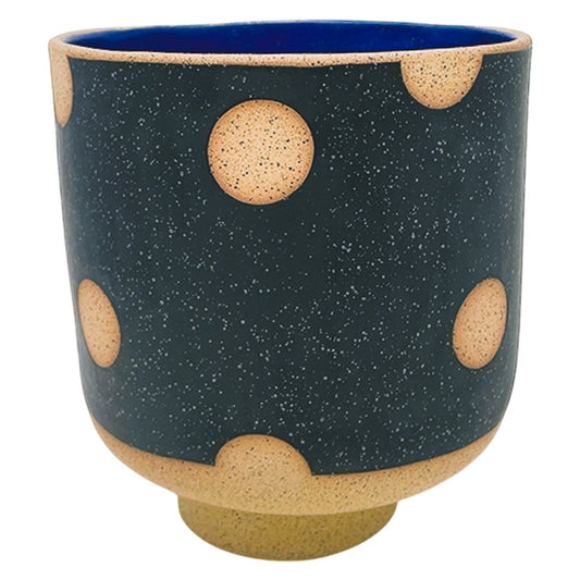 Large Footed Vessel - Polkadots - Matte Black & Blue