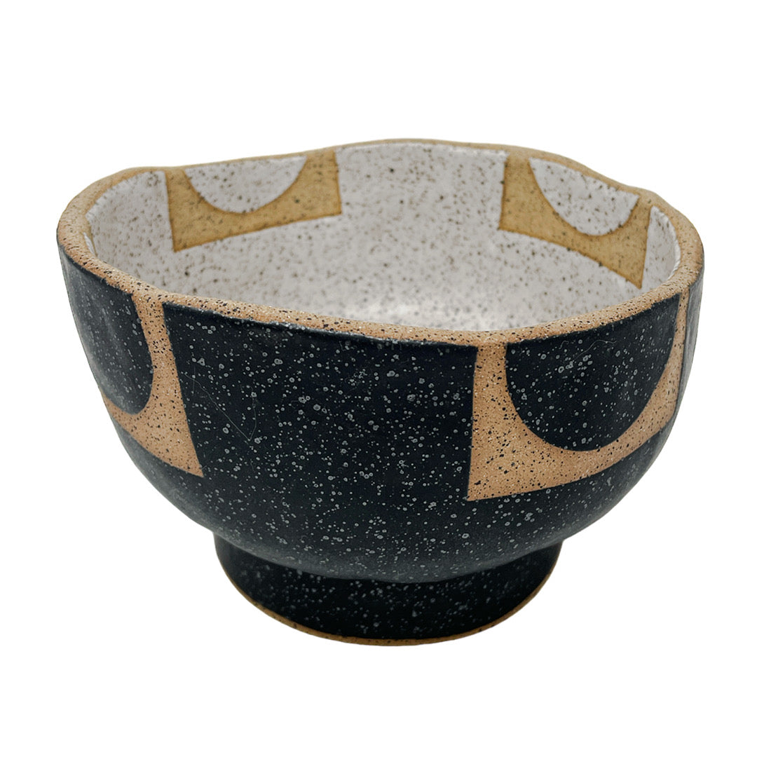 Organic Bowl with Foot - Circle Squares - Matte Black & White