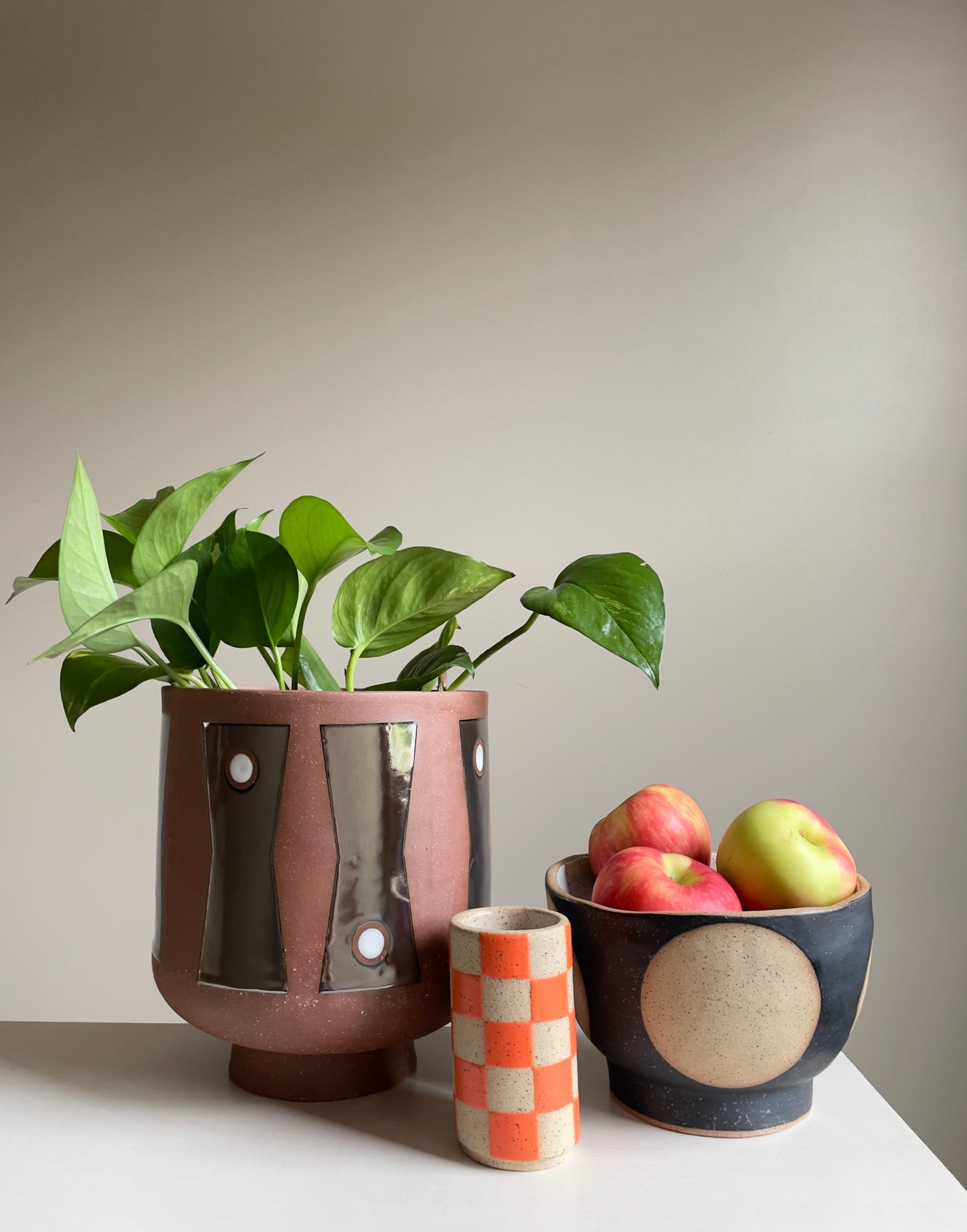 Large Footed Vessel - Red Clay - Buttons - Mirror & White