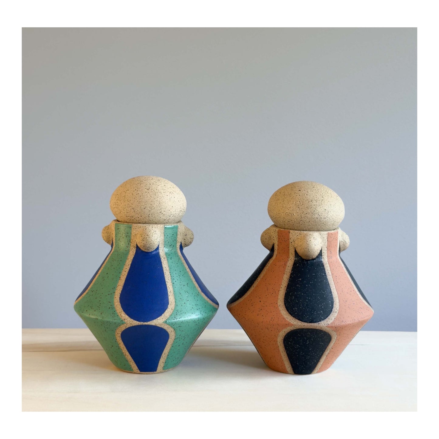 Vessel with Lid - Arches & Studs - Matte Blue & Teal