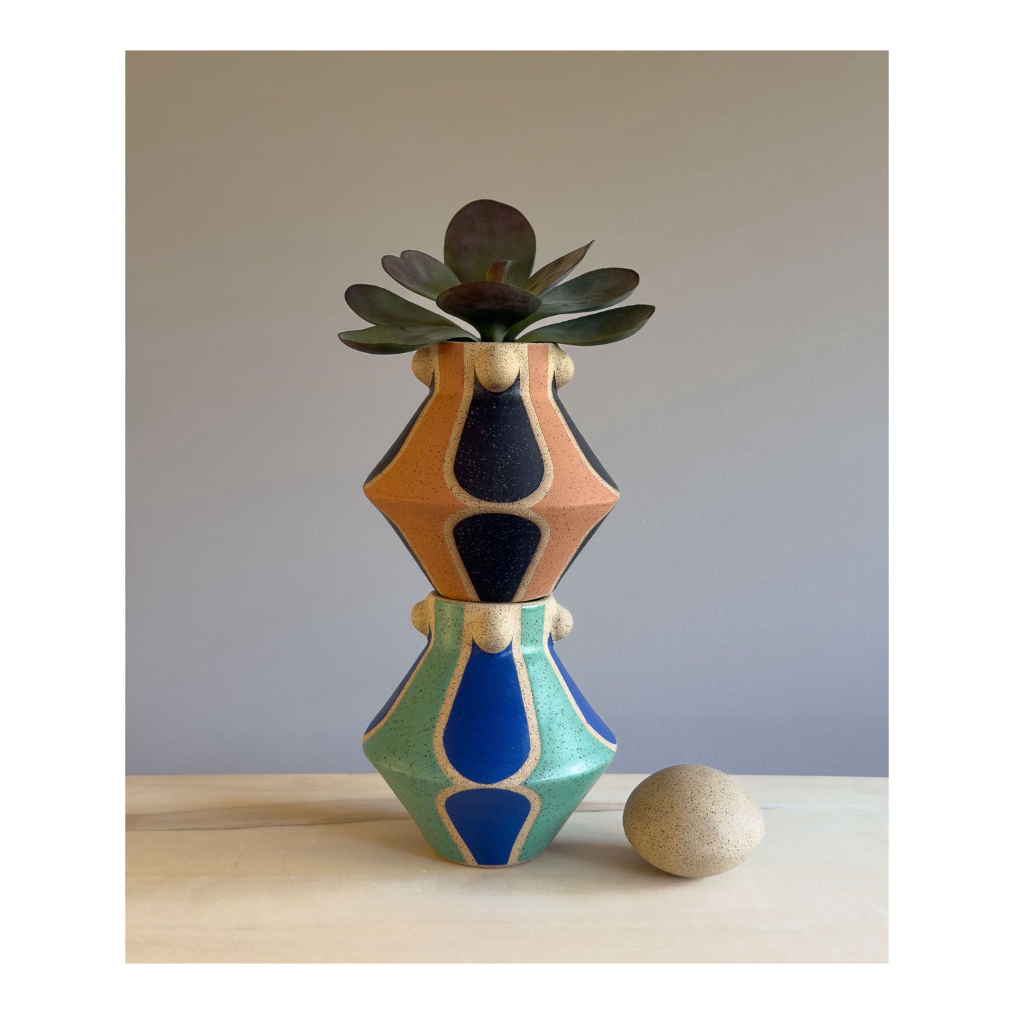 Vessel with Lid - Arches & Studs - Matte Blue & Teal