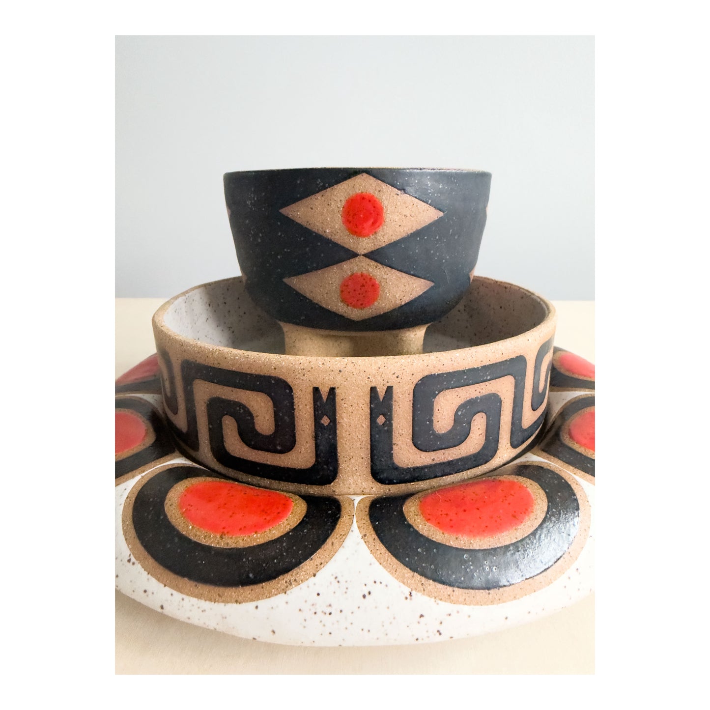 Large Shallow Plate Bowl - Milk Snake - Matte Black, White & Gloss Red