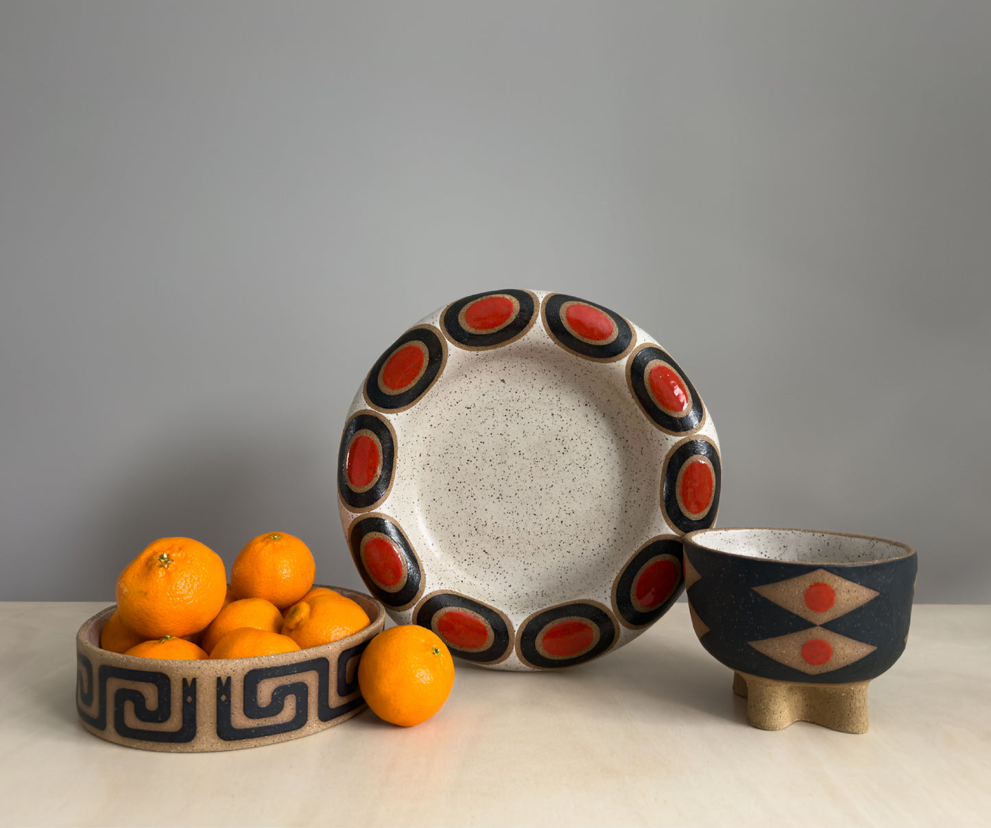Large Shallow Plate Bowl - Milk Snake - Matte Black, White & Gloss Red