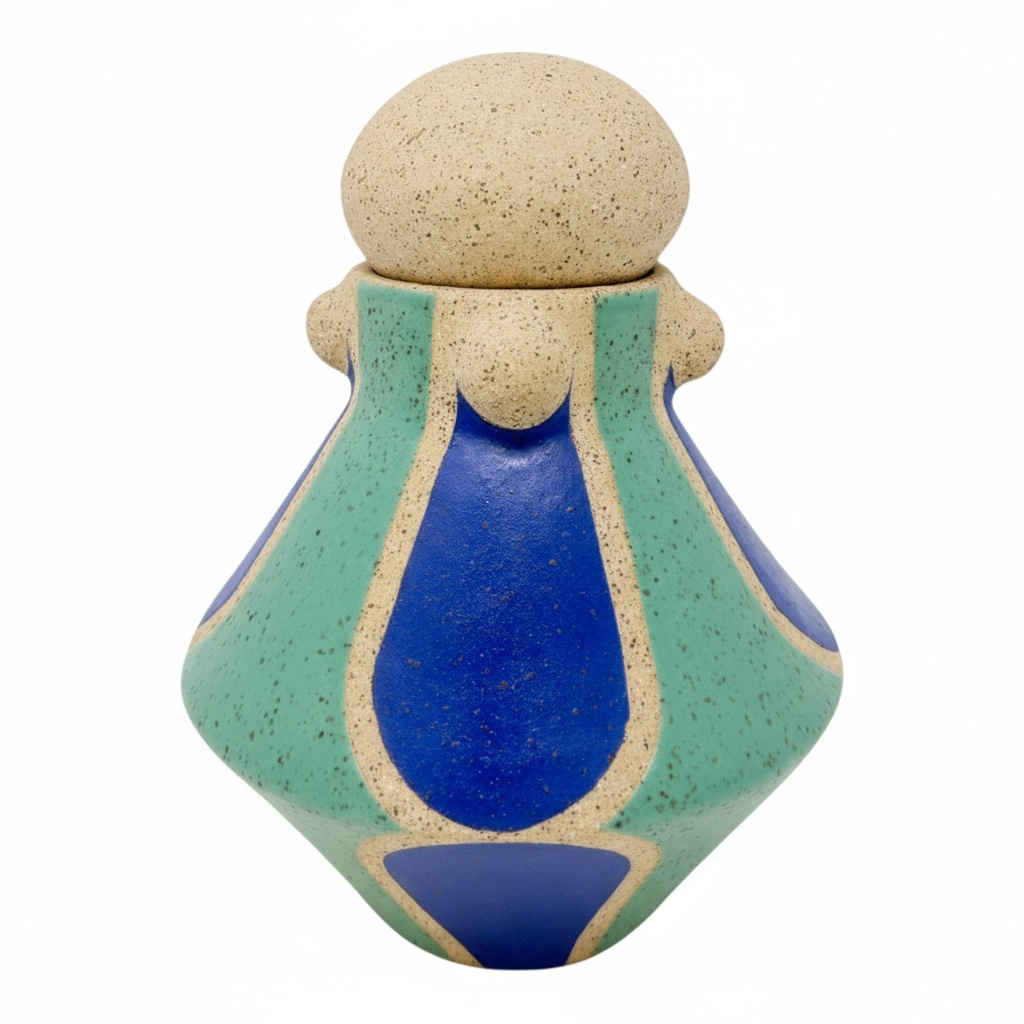 Vessel with Lid - Arches & Studs - Matte Blue & Teal