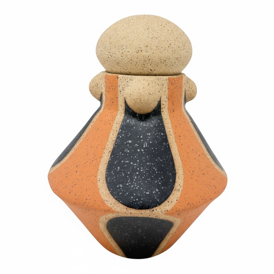 Vessel with Lid - Arches & Studs - Matte Black and Teracotta